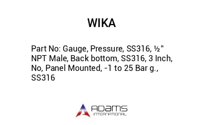 Gauge, Pressure, SS316, ½” NPT Male, Back bottom, SS316, 3 Inch, No, Panel Mounted, -1 to 25 Bar g., SS316